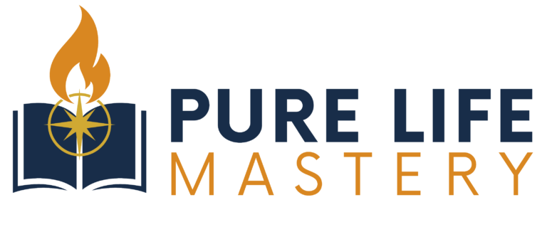 Modern stylised book with compass and flame with the words Pure Life Mastery to the right forming a logo