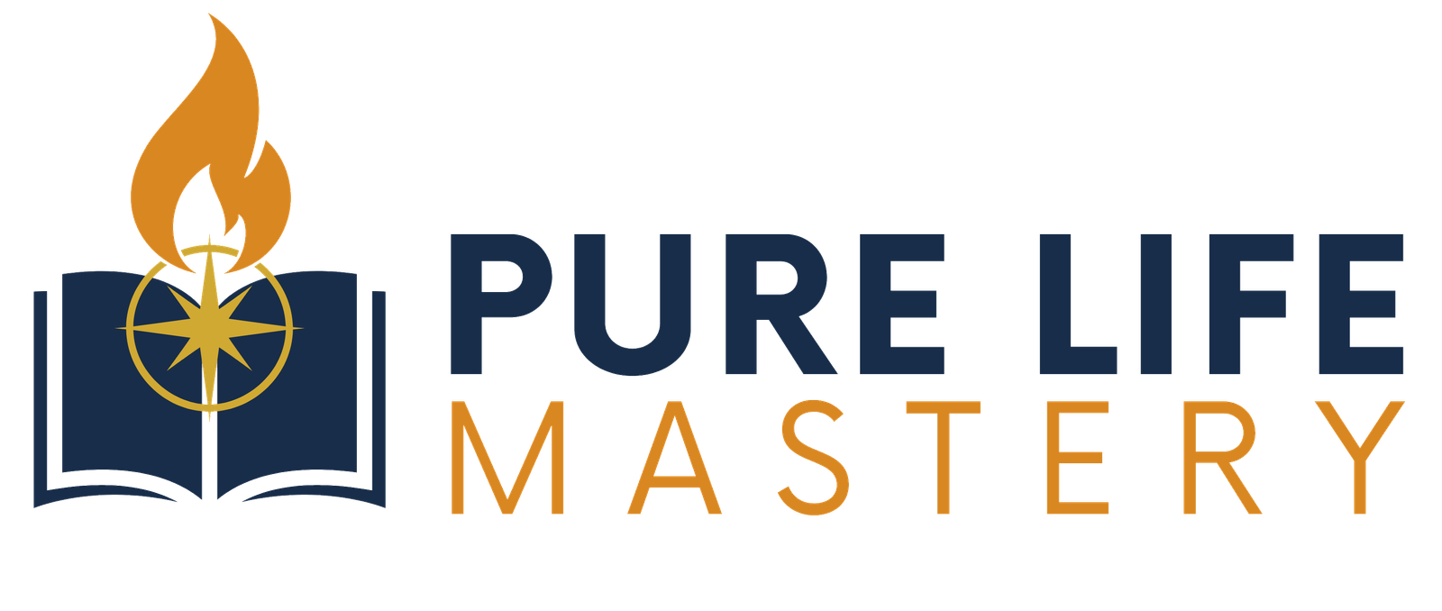 Modern stylised book with compass and flame with the words Pure Life Mastery to the right forming a logo