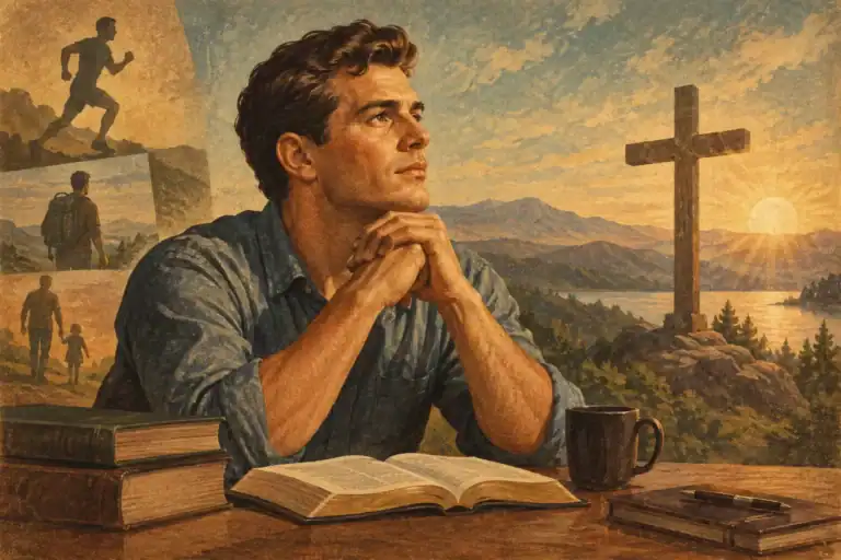 Illustration of a man in a blue shirt sitting at a desk while contemplating faith-safe personal development, hands clasped in prayer under his chin, with an open Bible in front of him. A mug, closed books, and a notebook with a pen sit nearby. Sunrise lights a wooden cross on a rocky outcrop above a lake and mountains in the background. Inset images in the top left show him running, hiking with a backpack, and walking hand in hand with a child