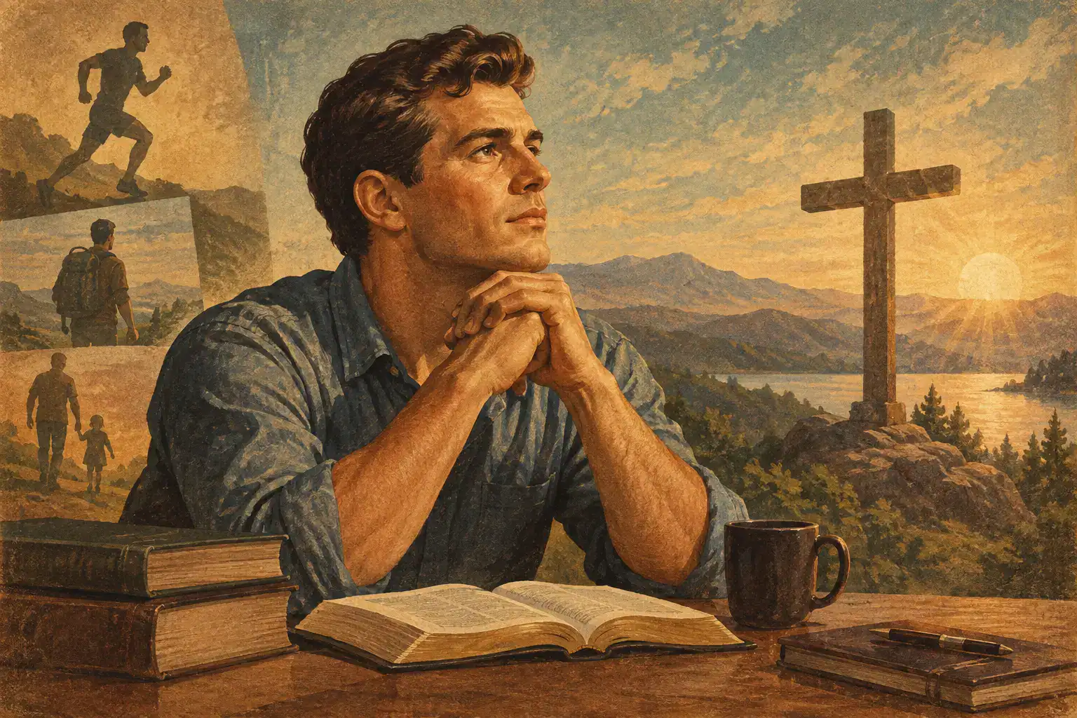 Illustration of a man in a blue shirt sitting at a desk while contemplating faith-safe personal development, hands clasped in prayer under his chin, with an open Bible in front of him. A mug, closed books, and a notebook with a pen sit nearby. Sunrise lights a wooden cross on a rocky outcrop above a lake and mountains in the background. Inset images in the top left show him running, hiking with a backpack, and walking hand in hand with a child
